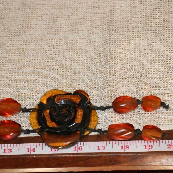 Vintage Resin Rose Beaded Necklace Large Chunky Floral Centerpiece- Amber Color - Picture 5 of 6